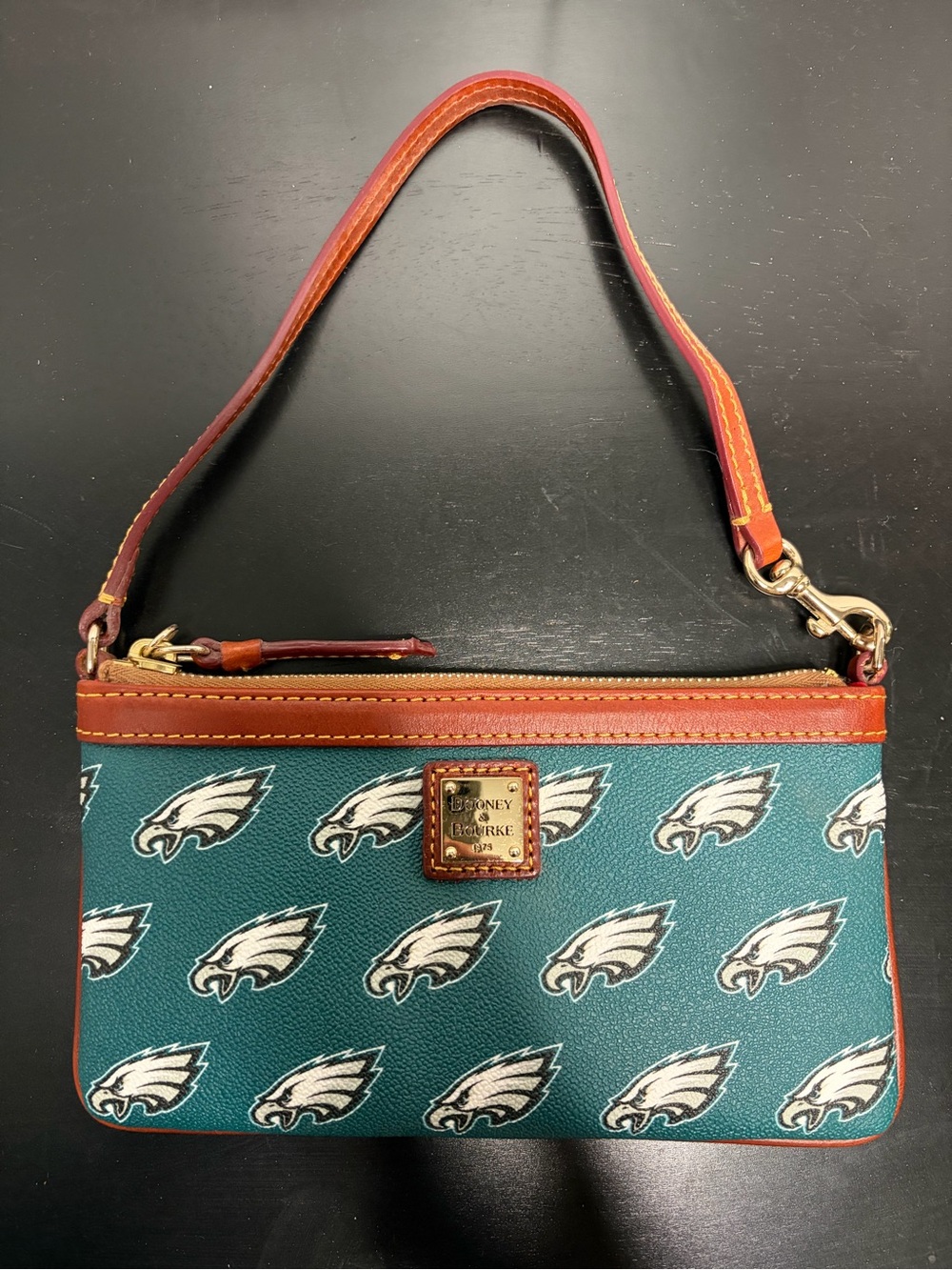 Dooney & Bourke Teal Philadelphia Eagles Logo Wristlet with Brown Leather Trim - Picture 3 of 8